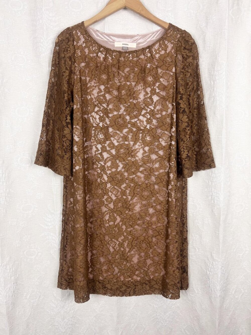Fossil brown lace shift dress wedding guest party cocktail semi sheer sleeve M